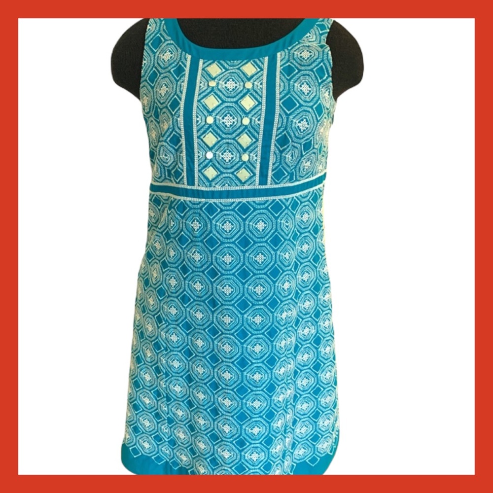 Tahari blue with white embroidery dress